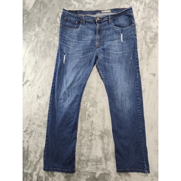 Wrangler Jeans Mens 38/30 Blue Distressed Slim Straight Leg Stretch Denim Casual - Picture 1 of 11